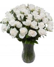 36 white roses in a glass vase